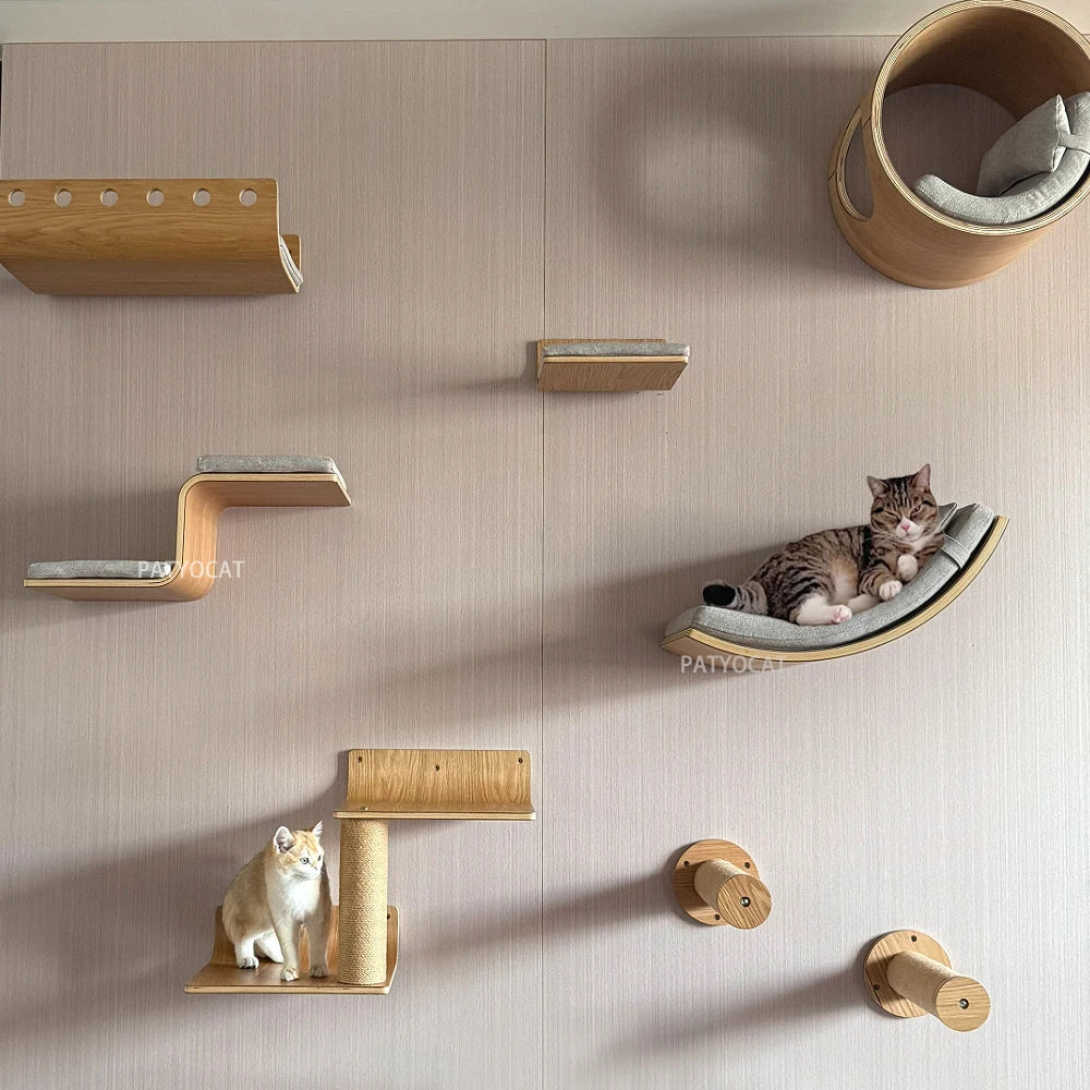 Cat Climbing Shelves Wall-Mounted Cat Tree Tower Scratcher Hammock Sisal Rope Ladder Hiding House Bed Cats Gym Claw Grinding Toy