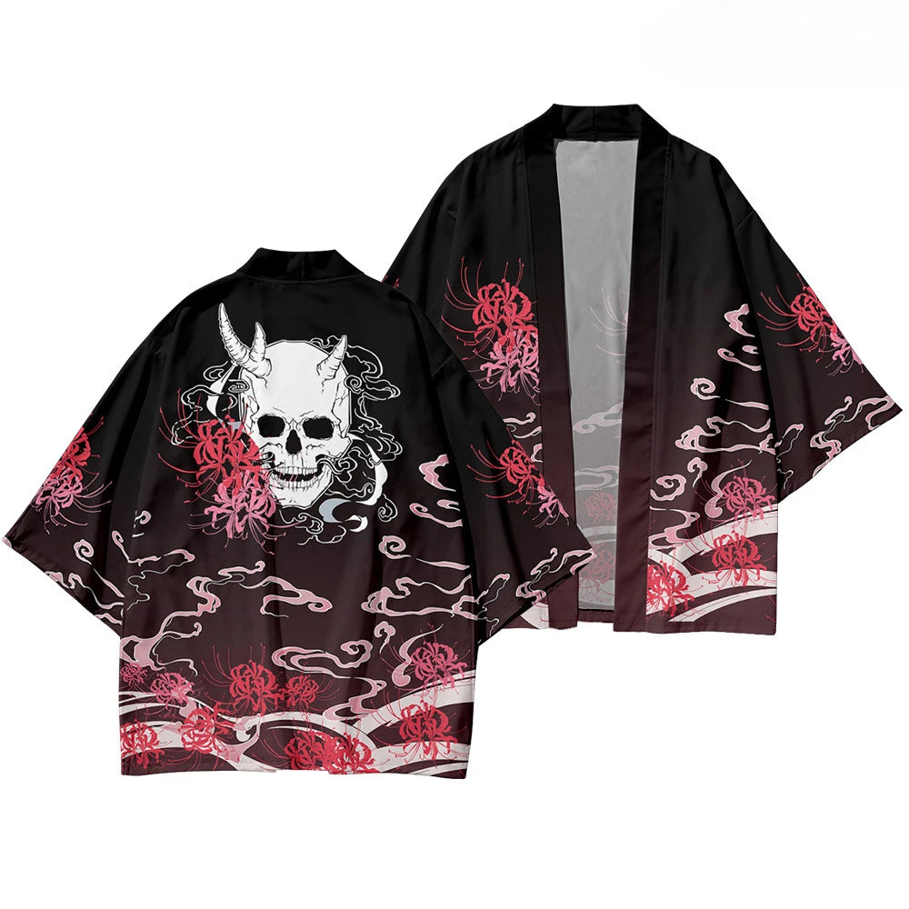 Traditional Clothing for Men and Women, Casual, Ruth, Black Skeleton Print, Kimono, Beach, Streetwear, Samurai