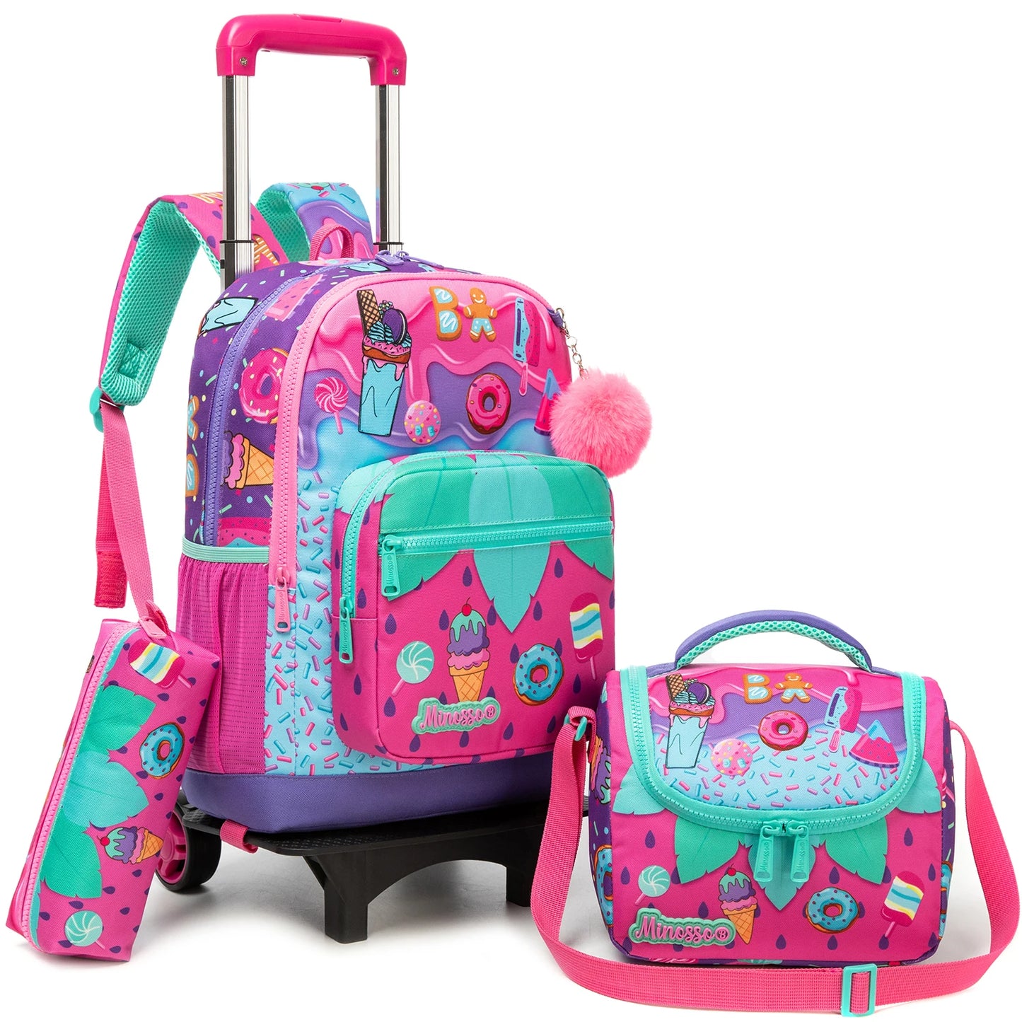 Cute Rolling Backpack for Girls Trolley School Bags Girls Backpacks with Wheels Kids Carry-on Travel Luggage Pink