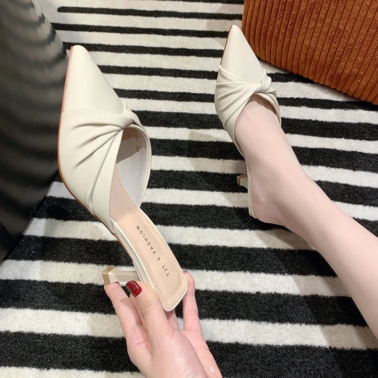 Women's Open-Toe Pointed Toe Slippers f Slippers Summer High Heel Thin Heel Outdoor Wear Korean Sle PU Material