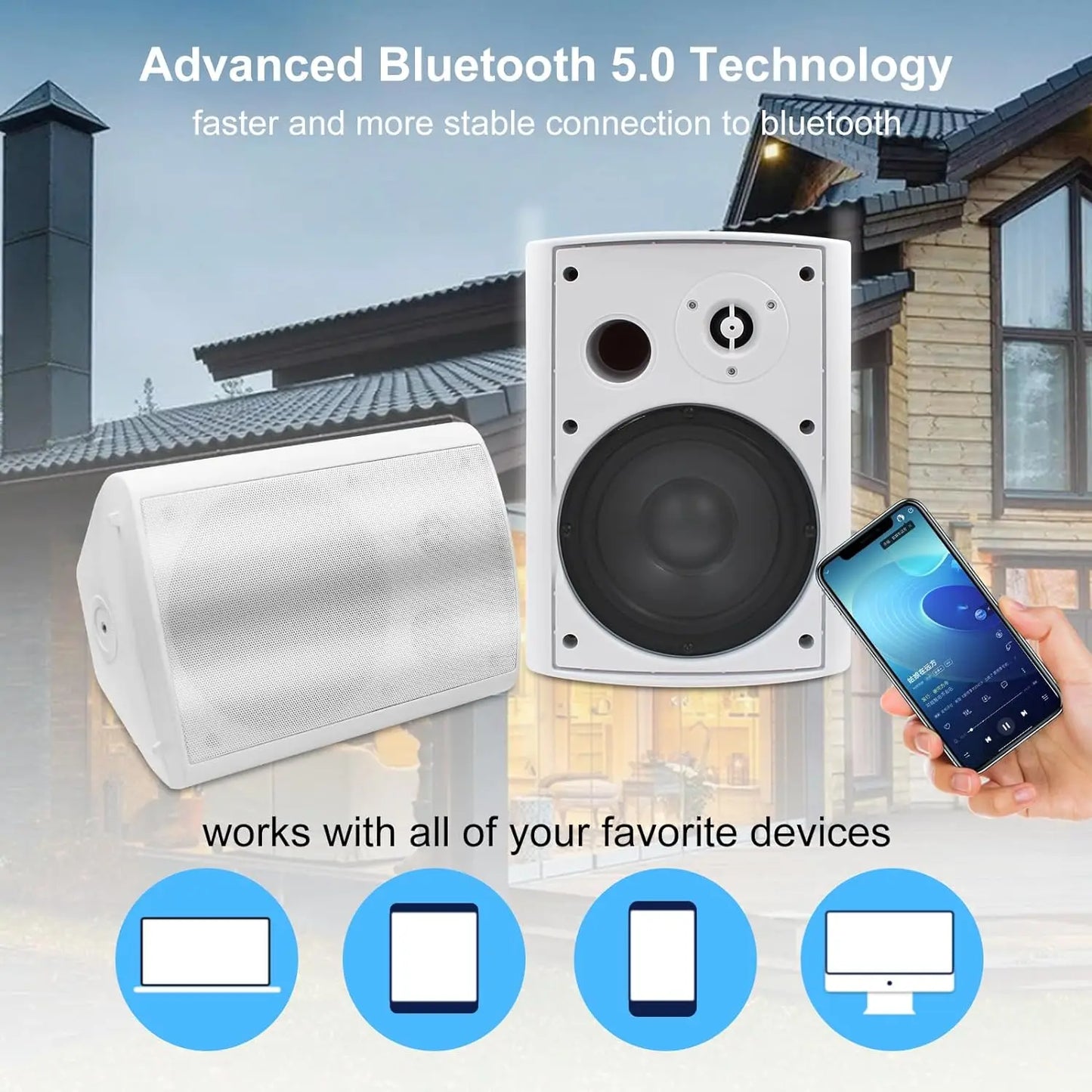 Herdio 6.5" 400W 2PCS Indoor Outdoor Bluetooth Speakers Wall Mount Speakers Waterproof Weather Resistant For Patio Garage Home