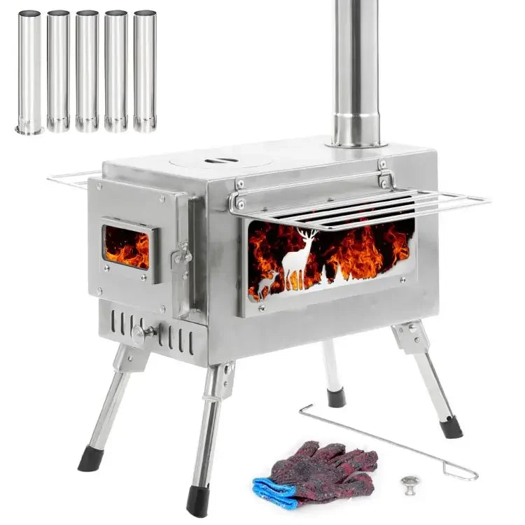 Outdoor Wood Burning Stove Portable Tent Stove with Chimney Pipe for Cooking Camping