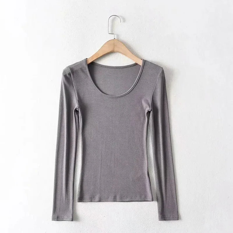 2025 Women Clothing Tops Fit Casual Elastic Cotton Solid O-neck full sleeve T-shirt