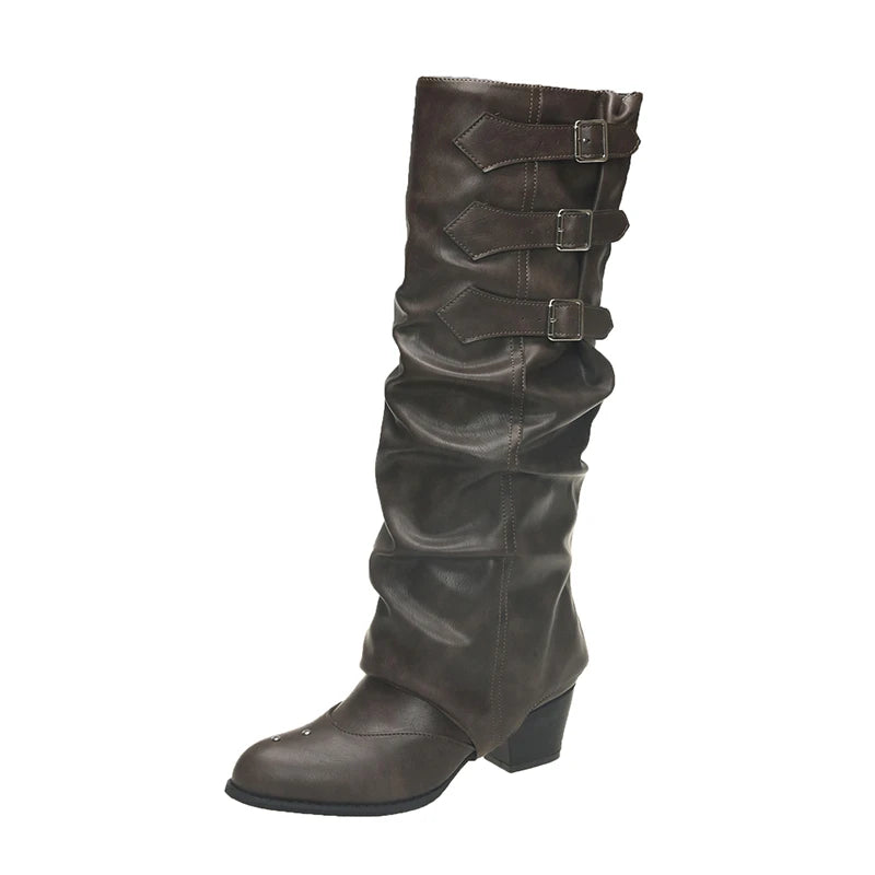 Women's Shoes 2024 High Quality Slip on Women's Boots Autumn Pointed Toe Solid Buckle Decoration Mid-Calf Mid Heel Western Boots