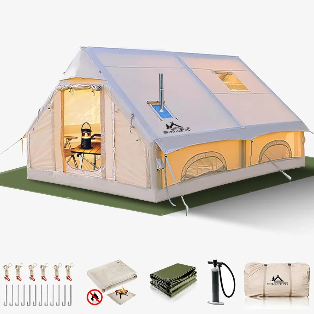129 Sqft Large inflatable tent with Tarp,8 Person Inflatable Camping Tent 4 Season Glamping Tent Fireproof Blanket Blow up tent