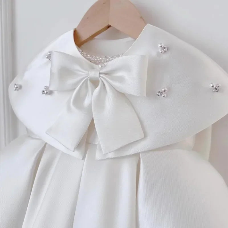 Baby Girl Princess Party Birthday Baptism Frocks Baby Clothes 1-7Y Pearl Silk Dress Cloak Infant Toddler Vintage Bow Vestidos