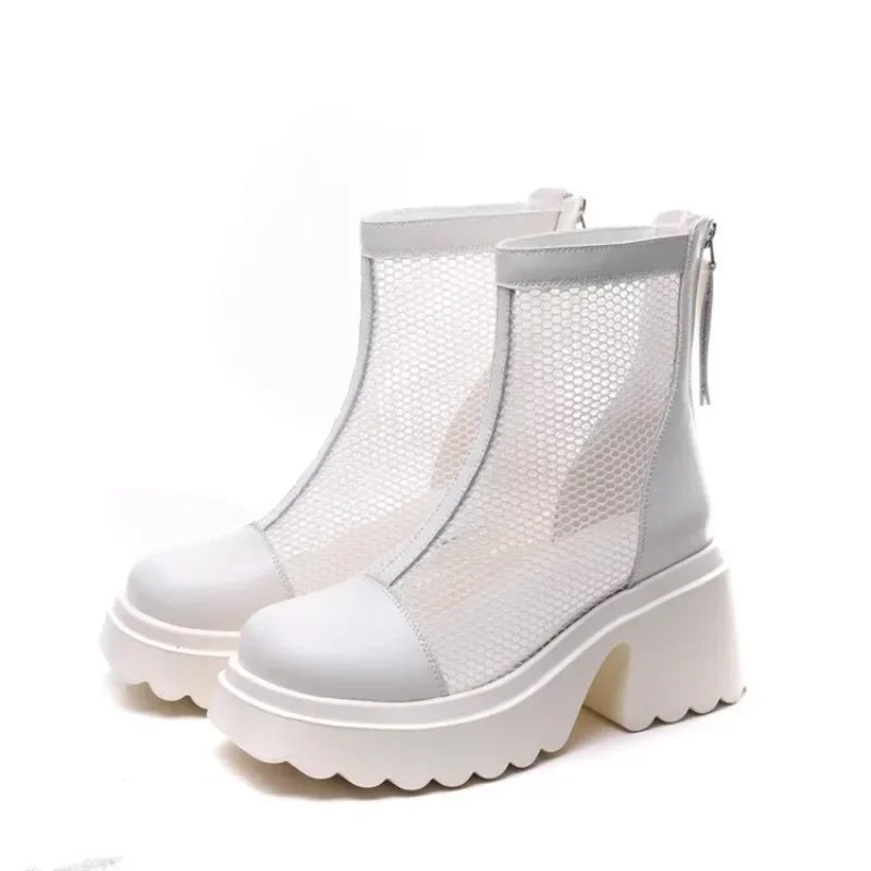 2025 New Women's Shoes Solid Color Round Toe Thick Heel Women's Boots Fashion Mesh Breathable and Comfortable Women's Sandals