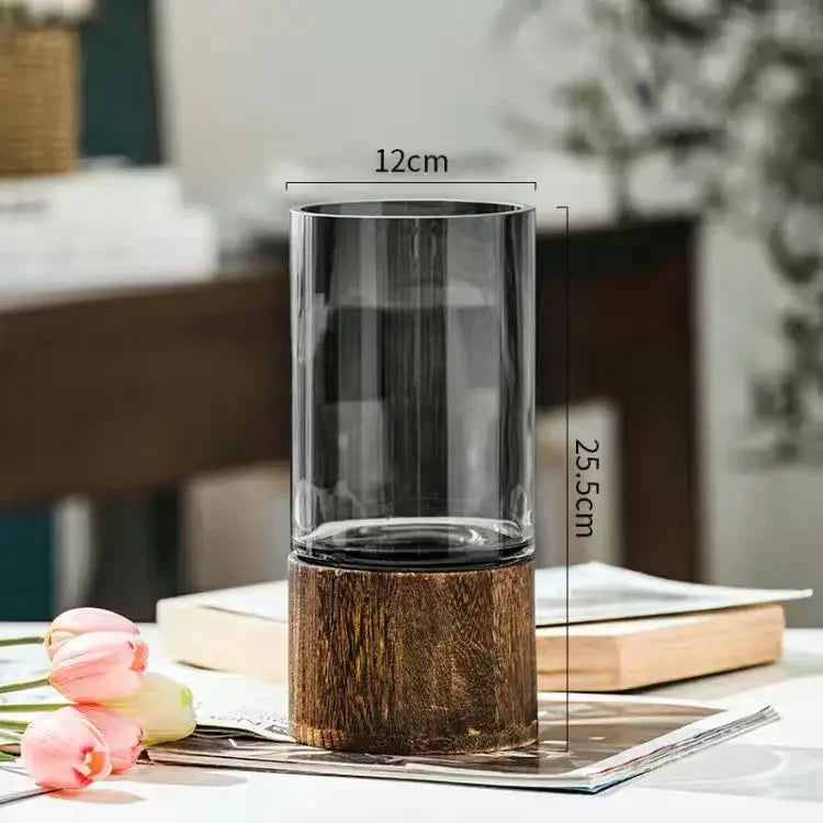 Vases Simple European Hydroponic Plant Household Living Room Table Inserted Flower Wood Base Transparent Glass Vase Home Decor