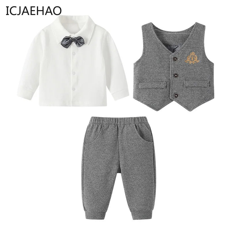 2025 Newborns Boy Formal Clothes Sets 3 PCS Infant Boy Gentleman T Shirt Vest Pant Outfit Autumn Infant Top Pant Suit Clothing