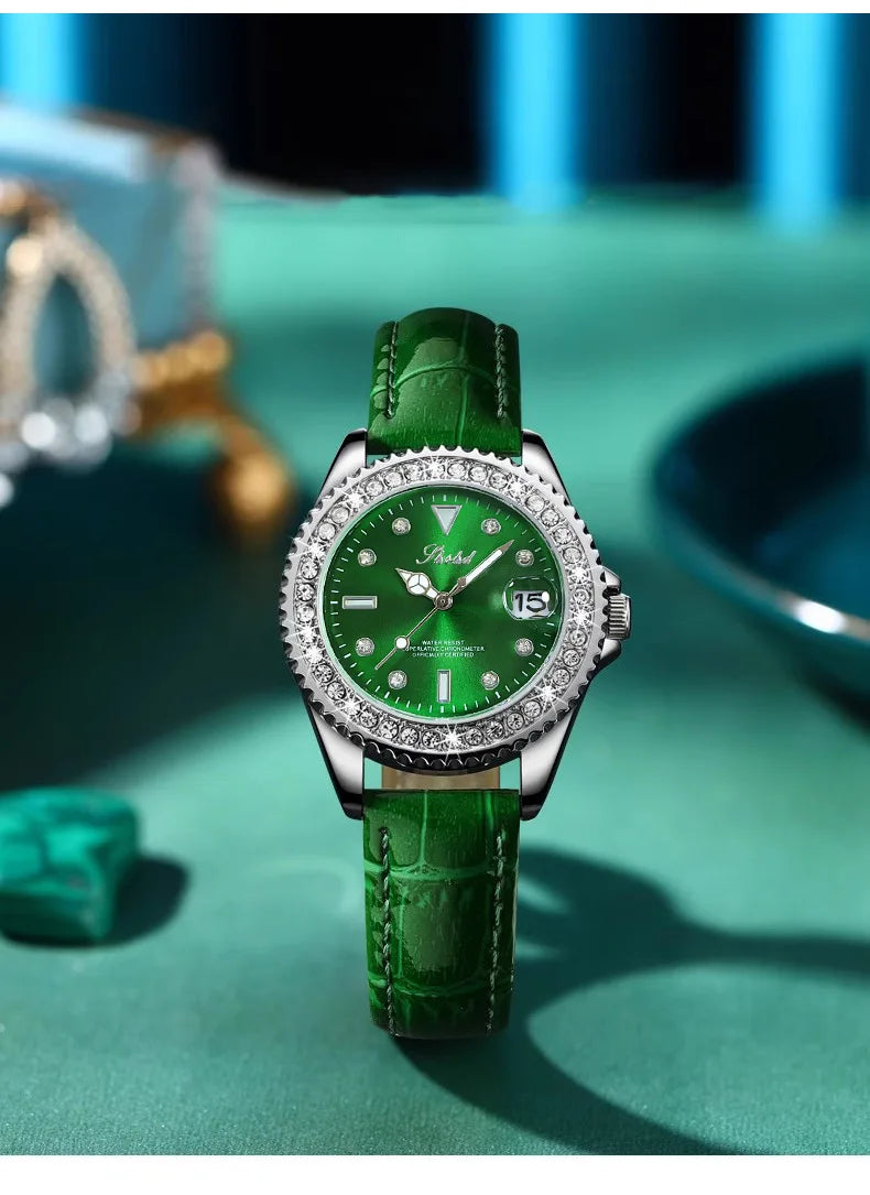 The best-selling women's watch is a green diamond-encrusted elegant ladies' wristwatch with a moonlight calendar and a retro sty
