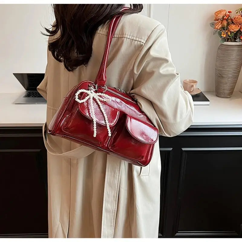 Women's Handbag with Pendant Armpit Boston Bag Fashion Cool Bowling Bags Ladies Large Capacity Shoulder Bag