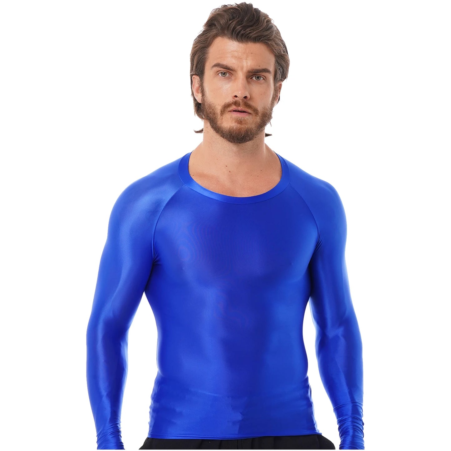 Men's Clothing Glossy O Neck Long Sleeve T-shirt Solid Color Slim Fit Breathable Shirt Tops Gym Jogging Yoga Sportwear