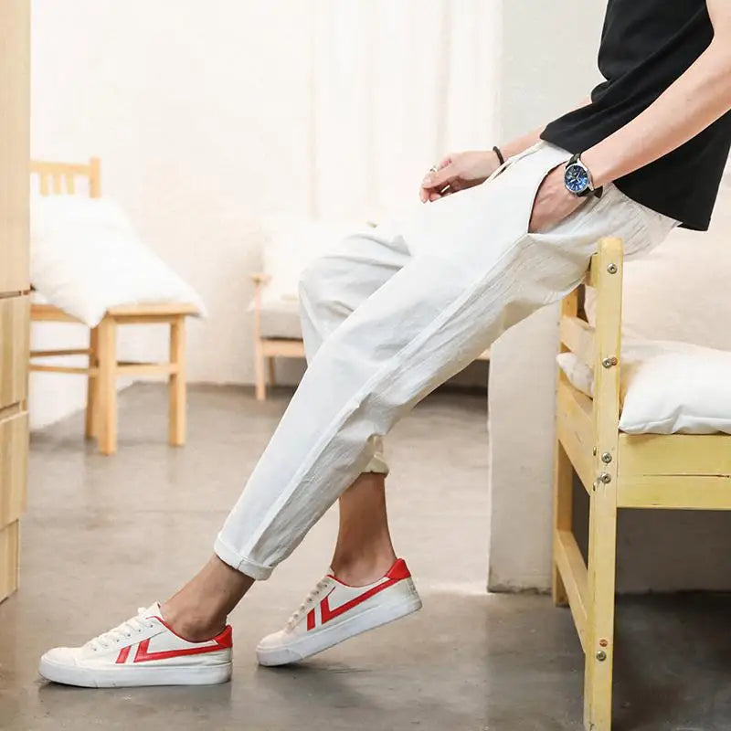 2025 Men's Cotton Linen Pants Male Summer New Breathable Solid Color Linen Trousers Fitness Streetwear Ankle Length Trousers 5XL
