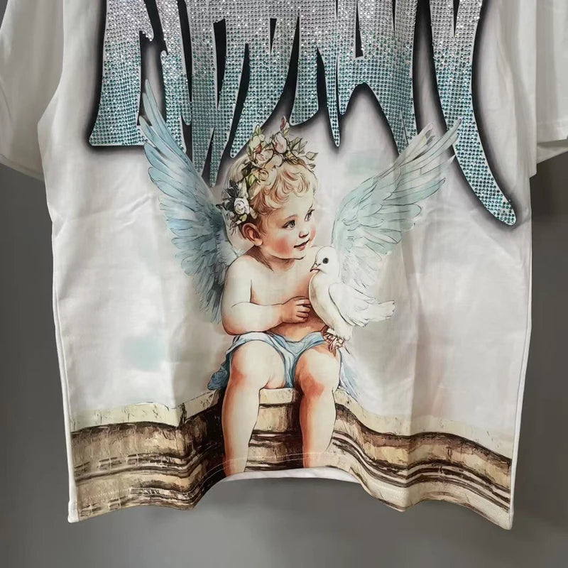 Men's Clothing MIXED EMOTION T-shirts American Streetwear Interesting Angel Print Hot Drill Letter Logo Top Tee Short Sleeve