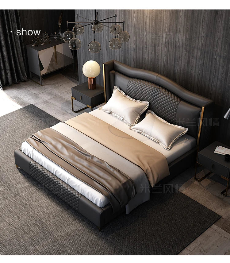 Linlamlim Luxury Genuine Leather Upholstered Bed with Quilted Headboard - Modern King/Queen Size Soft Bed with Gold Accents