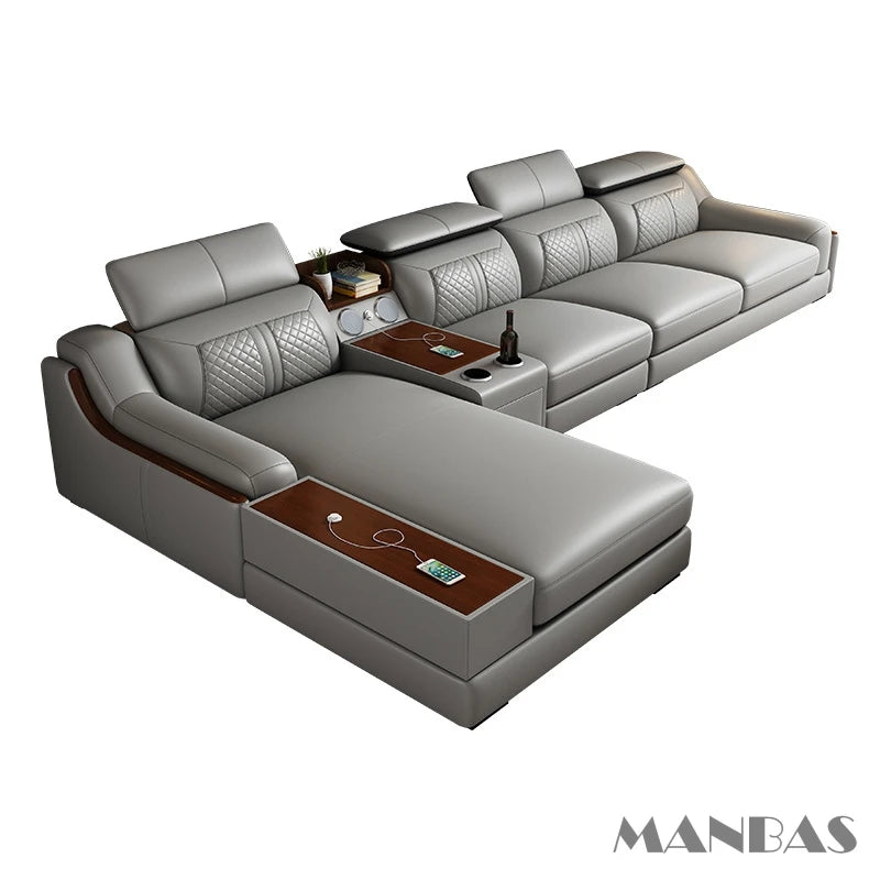 Stylish Italian Genuine Leather Sofa for Living Room with Cup Holder, USB, Adjustable Headrests & Bluetooth Speaker - Linlamlim