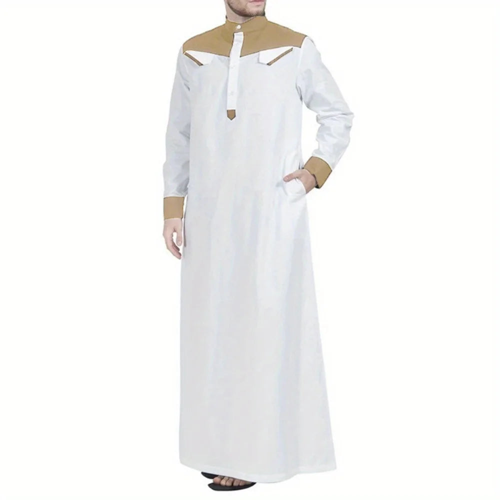 Muslim Southeast Asian Men's Clothing, Color-blocked Stand-collar Robes, Loose-fit Middle Eastern Robes Are Super Fashionable.