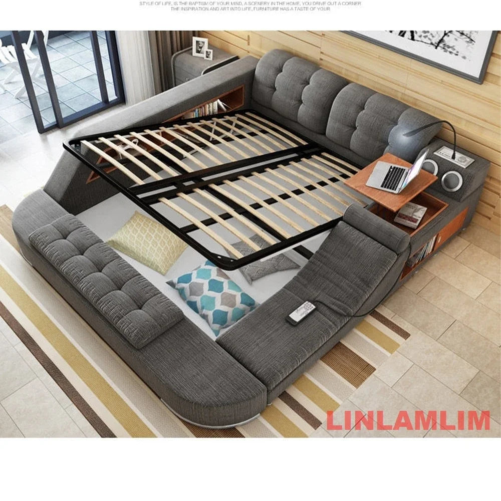 Tech Smart Bed Frame Multifunctional Massage Bed Ultimate Bed, Genuine Leather Tatami Upholstered Bed with Bluetooth Speaker