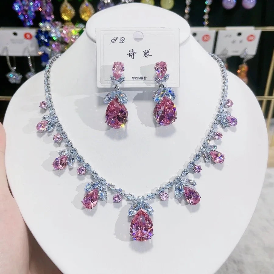 Women Rainbow Gemstone Necklace 18K Gold Plated Waterdrop Zirconia Earrings 2024