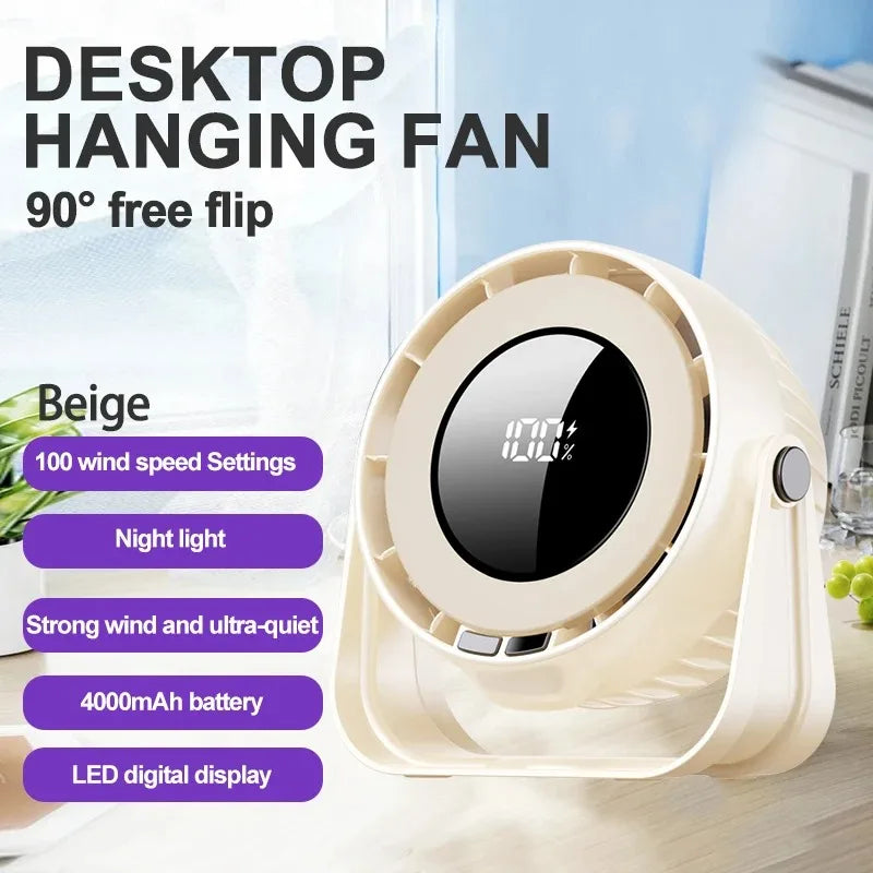 Multifunctional Electric Fan 100 Speed Strong Wind Wireless Wall Mount Cooling Fan LED Digital Display Night Light 4000mAh