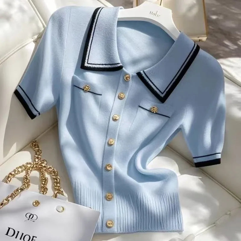 Women Clothing Temperament Elegant Knitted Contrast Tops Summer Fashion Commute Short Sleeve Chic Button Slim T-shirt