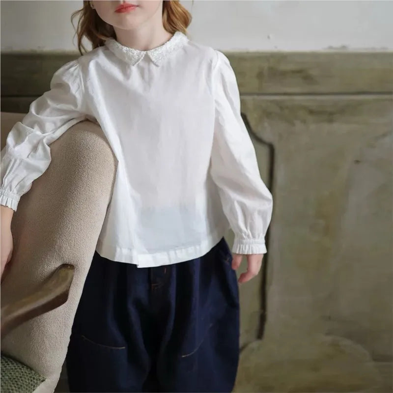 Fashion Baby Girl Princess Cotton Shirt Lace Collar Infant Toddler Child Blouses Outfit Spring Autumn White Baby Clothes 1-10Y