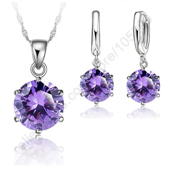 Woman Genuine 925 Sterling Silver Jewelry Sets Cubic Zircon Crystal Lever Back Earrings Pendant Necklace Nice Gifts 8MM Stone