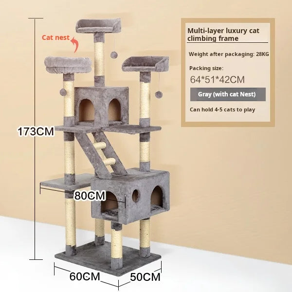 174cm Tower for Indoor Cats and Large Cat Tree With Sisal-Covered Scratching Posts Spacious Hammock Padded Perches and Condos