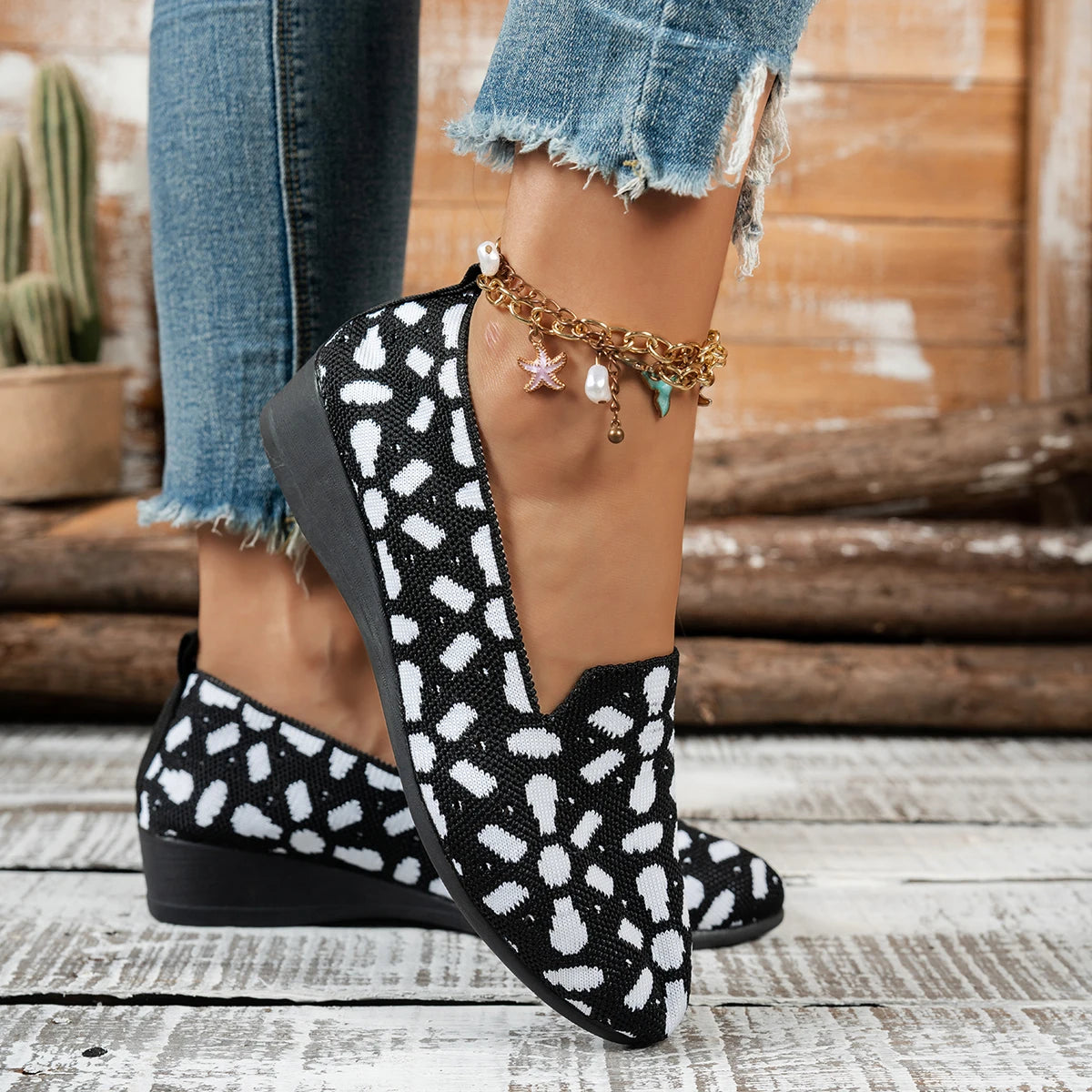 Women's shoes with niche-designed patterns, featuring comfortable flat soles, suitable for various outfits.