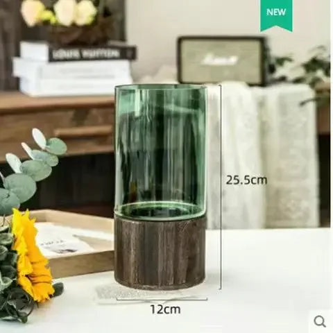 Vases Simple European Hydroponic Plant Household Living Room Table Inserted Flower Wood Base Transparent Glass Vase Home Decor