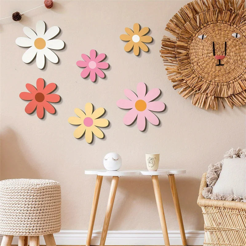 Nordic Wooden Flower Wall Ornaments Kids Room Decoration Boho Wood Daisy Flowers Stickers Crafts Baby Nursery Decor Photo Props