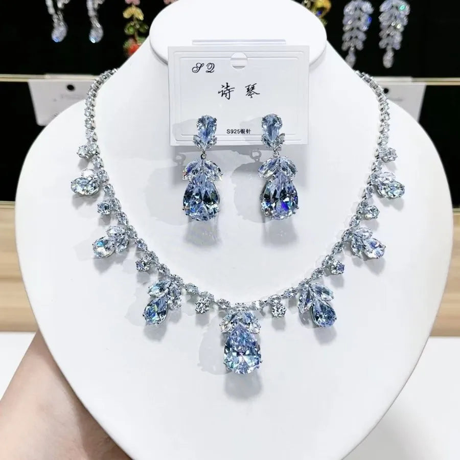 Women Rainbow Gemstone Necklace 18K Gold Plated Waterdrop Zirconia Earrings 2024