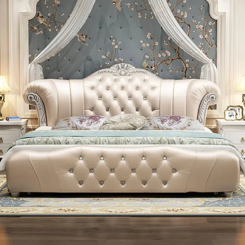 Wood Modern Bed Luxury Leather Classic Wedding Bed European Confortable Safe Camas De Matrimonio Dormitorio Bedroom Furniture