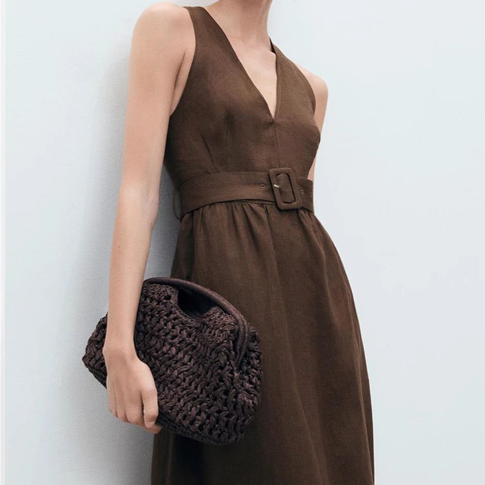Women Dress 2025 New Fashion Summer Linen V-neck A-Line Dresses for Women Casual Chic Ladies Midi Dress