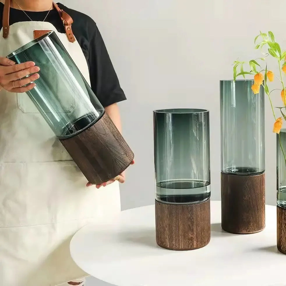 Vases Simple European Hydroponic Plant Household Living Room Table Inserted Flower Wood Base Transparent Glass Vase Home Decor