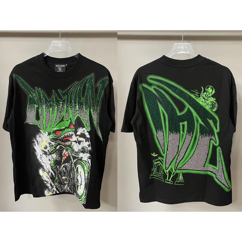 Men's Clothing MIXED EMOTION T-shirts American Streetwear Interesting Angel Print Hot Drill Letter Logo Top Tee Short Sleeve