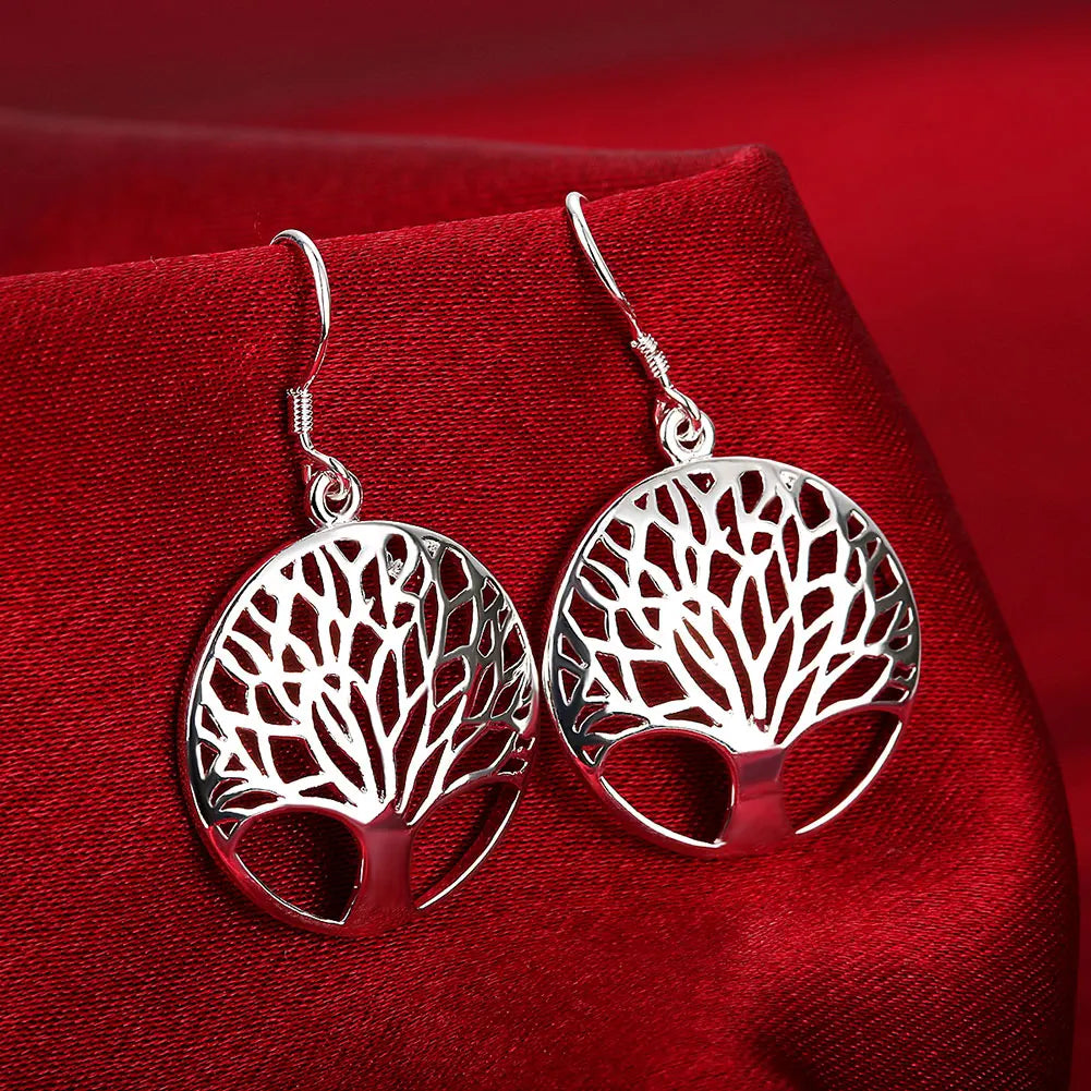 Hot Woman Jewelry Sets Silver Color Fine Retro Round Tree Pendant Necklace Earrings Fashion Party Wedding Holiday Gifts