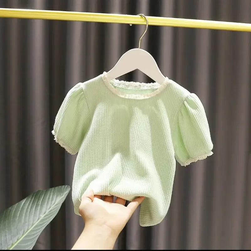 Baby Girl T-Shirts Plaid Bottoming Shirt Girl Baby Summer Korean New Girl Lace Short-sleeved T-shirt Children's Clothing