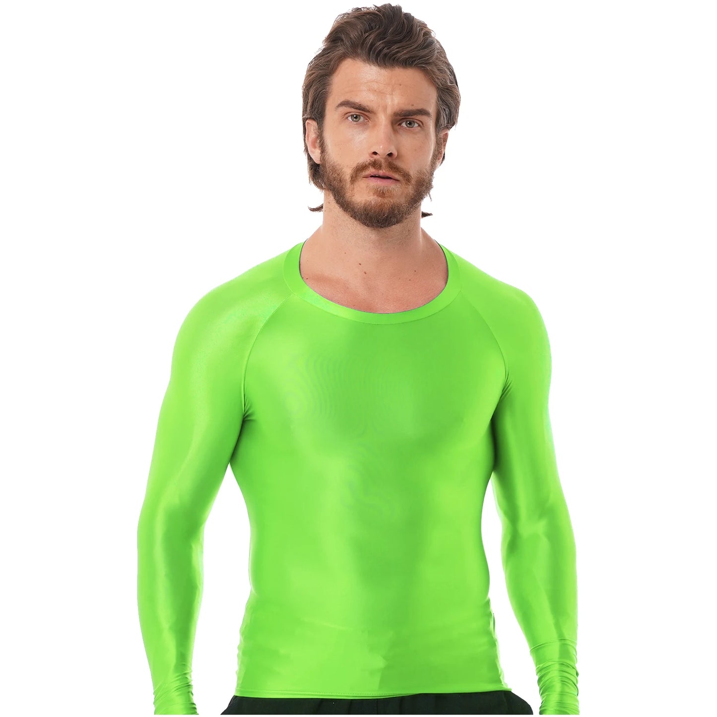 Men's Clothing Glossy O Neck Long Sleeve T-shirt Solid Color Slim Fit Breathable Shirt Tops Gym Jogging Yoga Sportwear