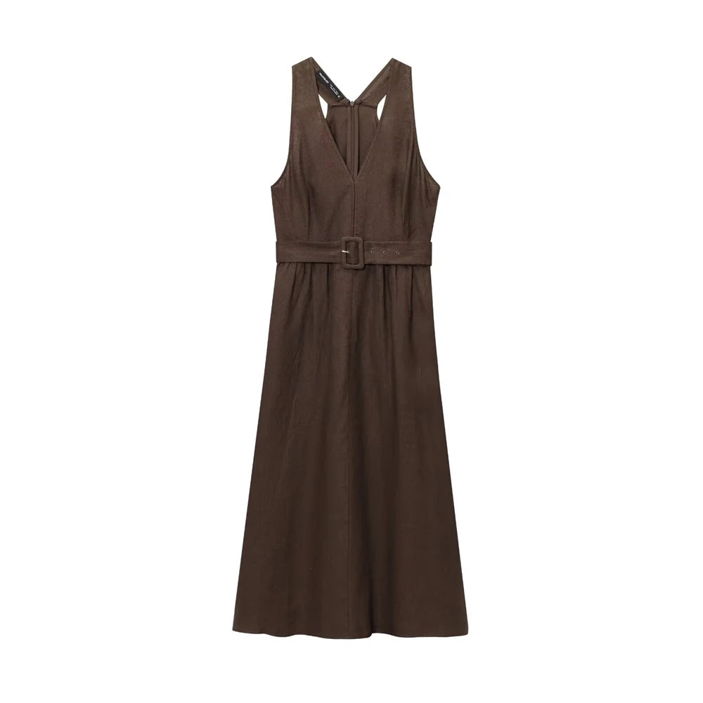 Women Dress 2025 New Fashion Summer Linen V-neck A-Line Dresses for Women Casual Chic Ladies Midi Dress
