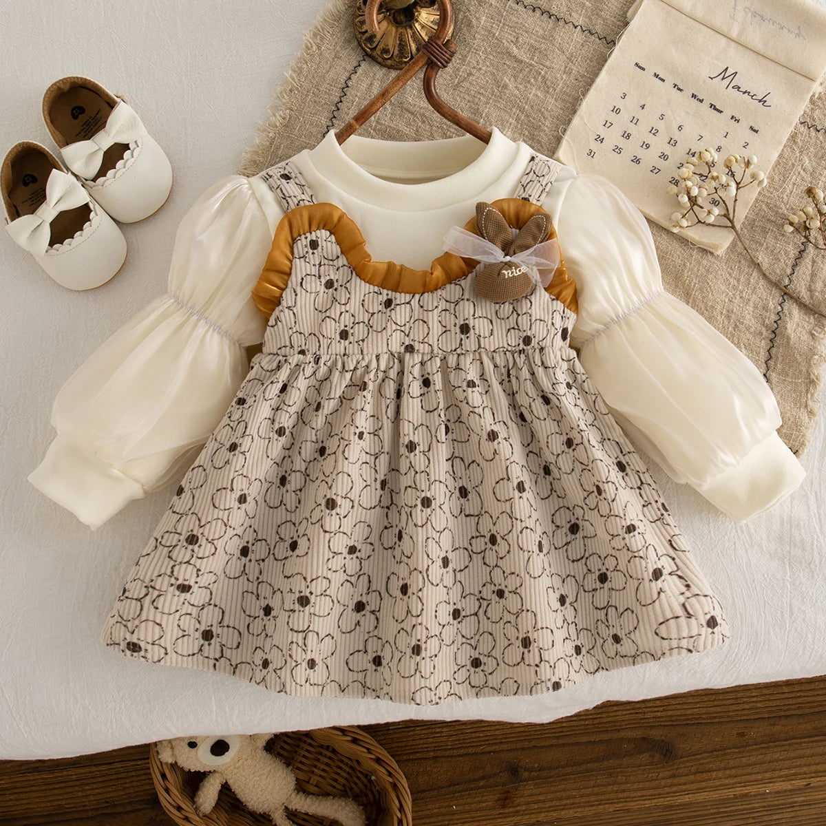 Baby Clothes Girl Spring And Autumn Cartoon Flower Pattern Long-Sleeved Fake Two-Piece Baby Dresses Cute Casual Girls Dress