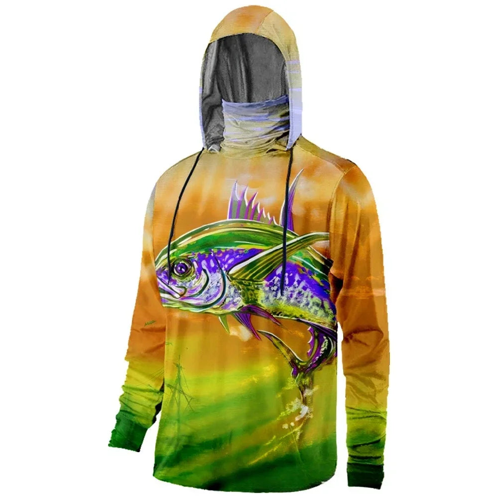 Mens Fishing Clothing Trout Tuna Water Waves Sunset Printed Sun Protection Face Mask Hoodies Outdoor Sports Breathable Clothes