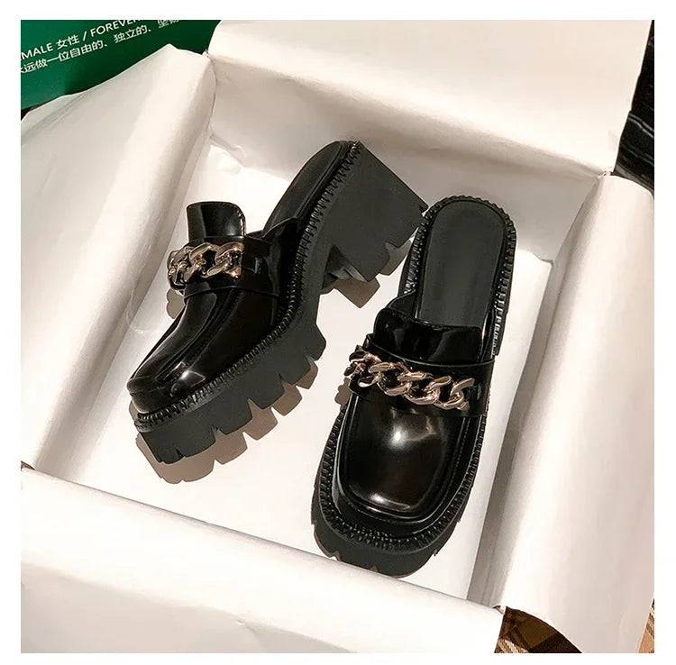 Women's Elevated Platform House Slippers Female Slides Shoes Square heel Mules Fashion Loafers Med Cover Toe Heels Luxury Fabric