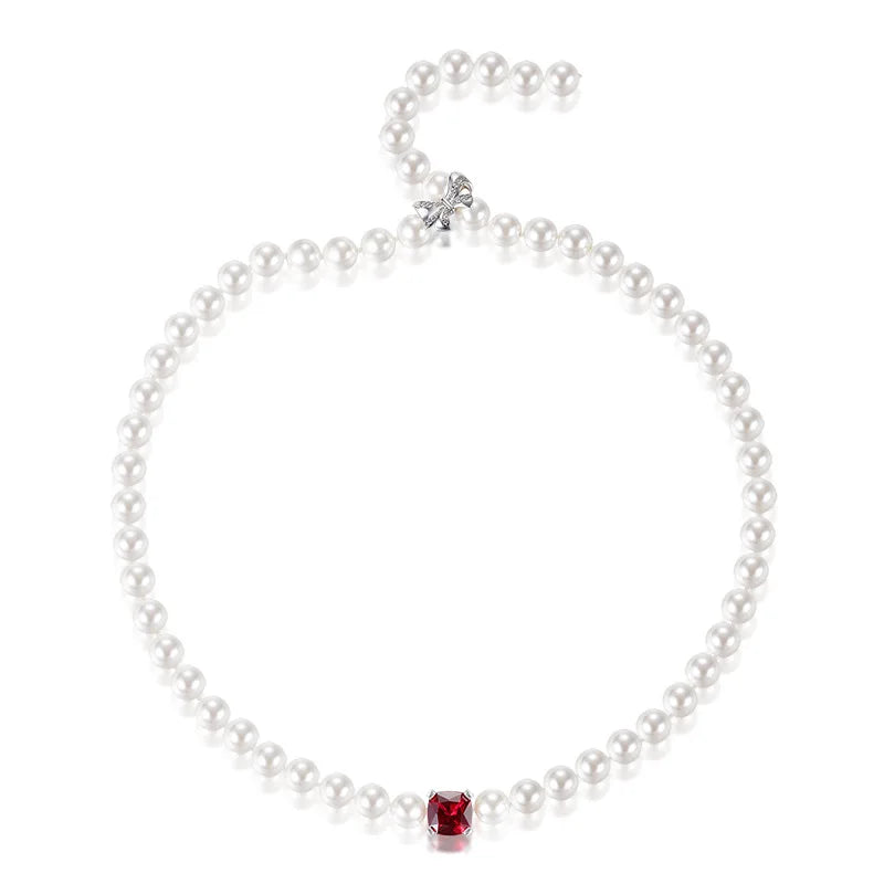 Red Jewel Bow Statement Freshwater Pearl Women Wedding And Engagement Necklace Sterling Silver 925 Luxury Jewellery For Wom