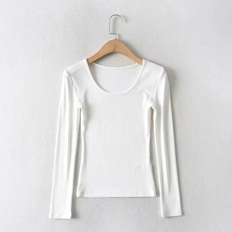 2025 Women Clothing Tops Fit Casual Elastic Cotton Solid O-neck full sleeve T-shirt