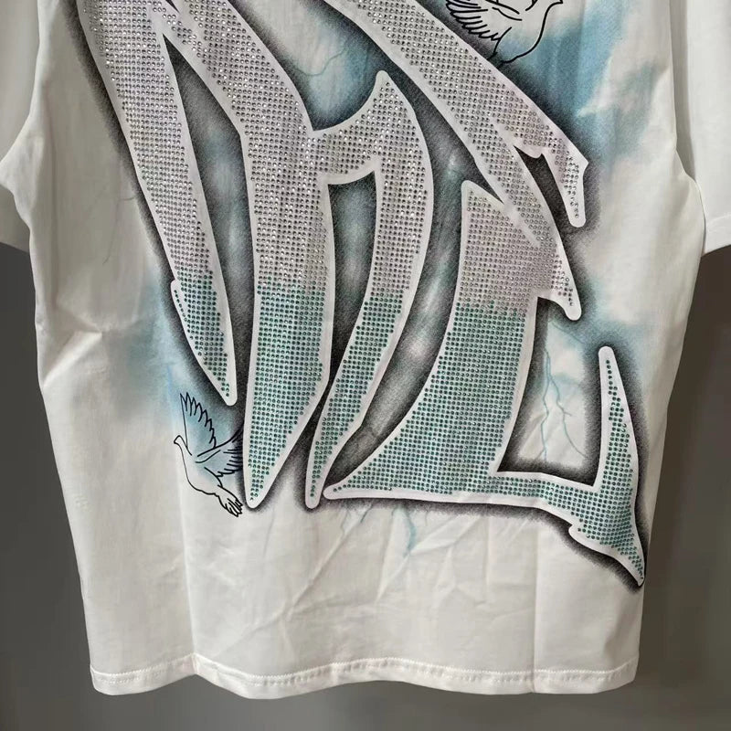Men's Clothing MIXED EMOTION T-shirts American Streetwear Interesting Angel Print Hot Drill Letter Logo Top Tee Short Sleeve
