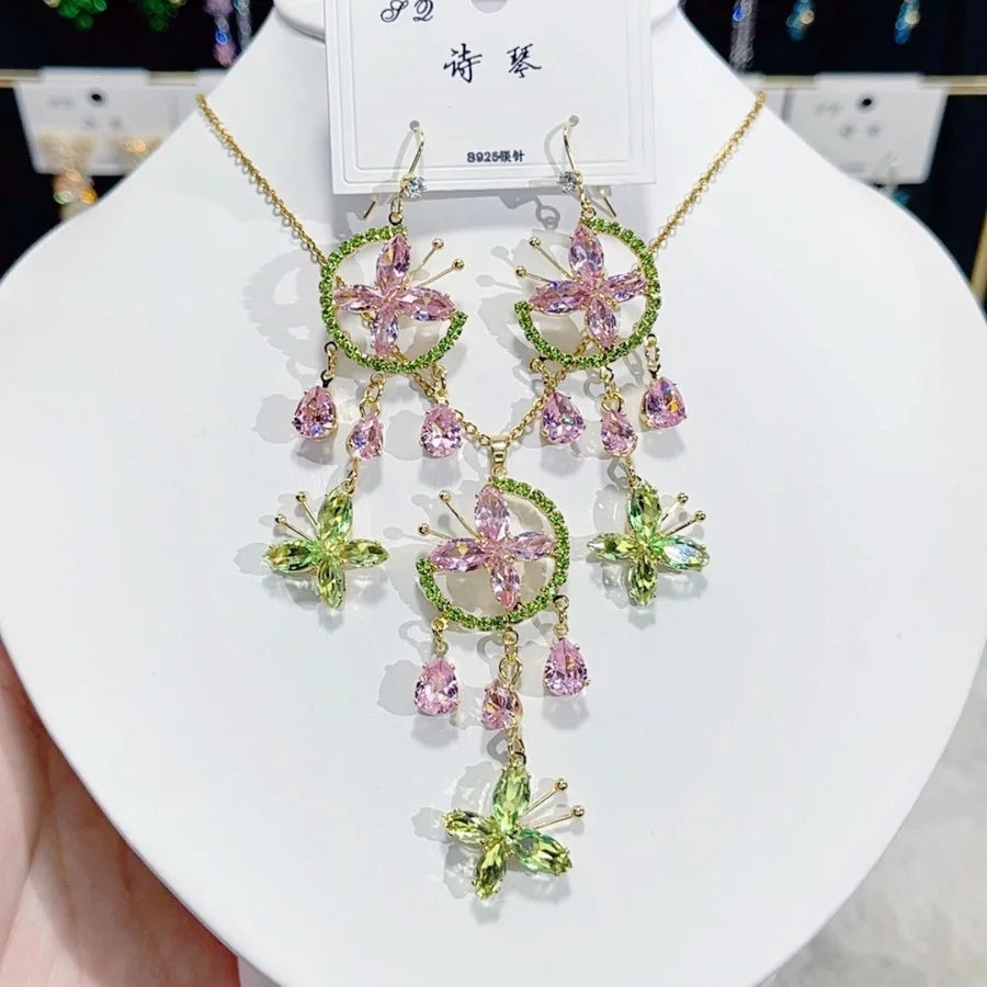 Women Rainbow Gemstone Necklace 18K Gold Plated Waterdrop Zirconia Earrings 2024