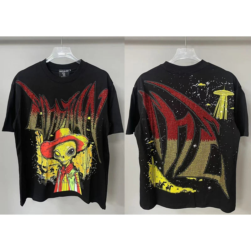 Men's Clothing MIXED EMOTION T-shirts American Streetwear Interesting Angel Print Hot Drill Letter Logo Top Tee Short Sleeve