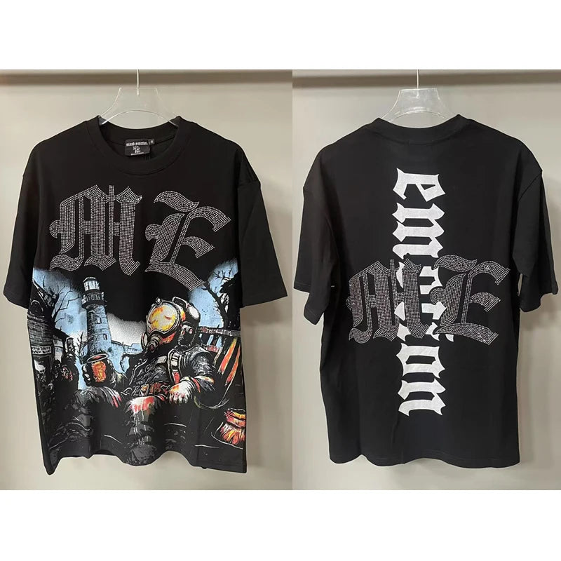 Men's Clothing MIXED EMOTION T-shirts American Streetwear Interesting Angel Print Hot Drill Letter Logo Top Tee Short Sleeve