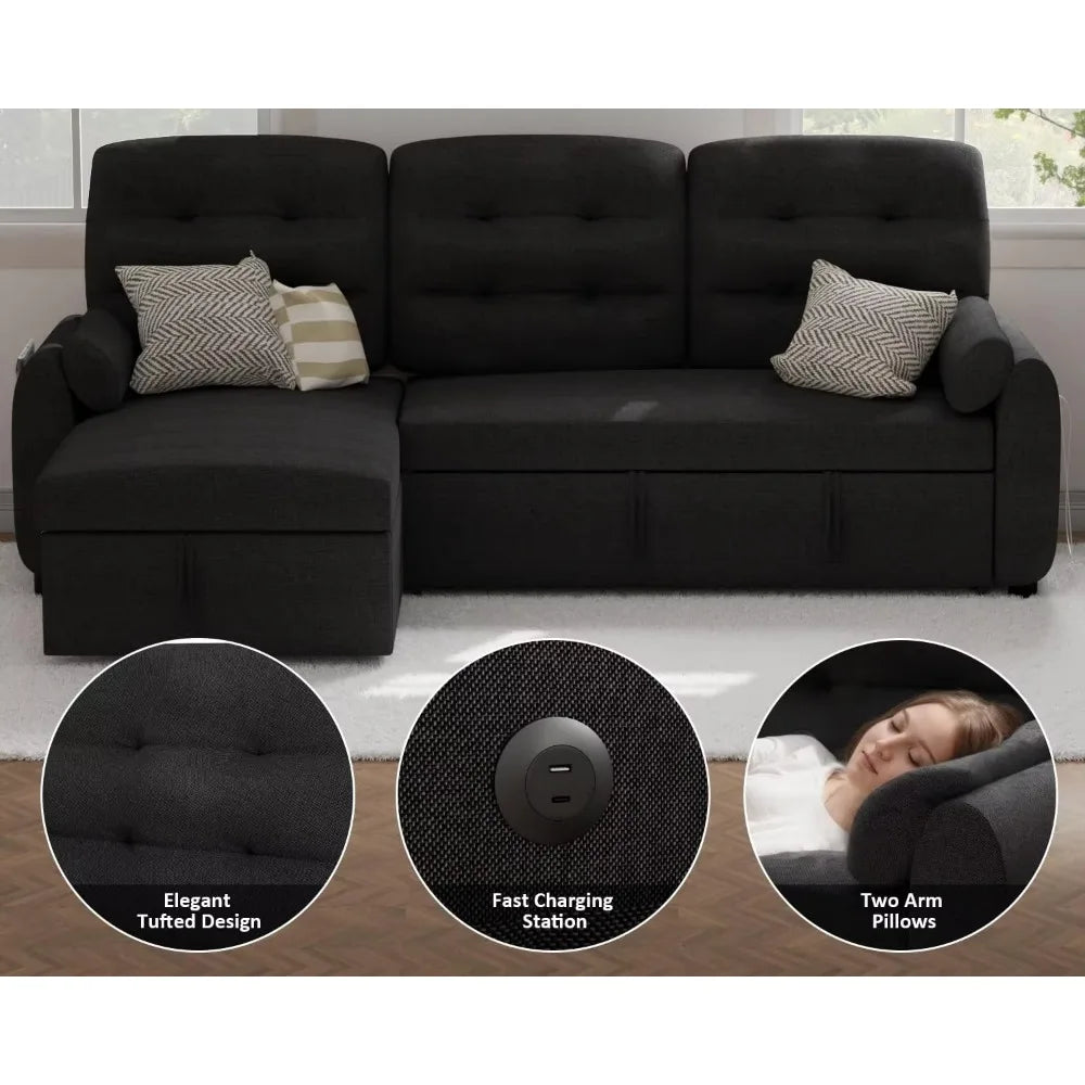 Living Room Sofa, Sectional Sofas, 87" Sleeper Sofa Bed with Side Pocket&Charging Station,Removable Backrest, Living Room Sofa